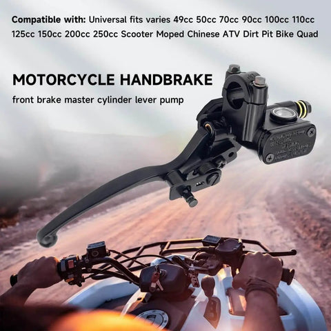 Universal Right Hydraulic Brake Lever Master Cylinder For 50cc To 250cc Scooters Mopeds ATVs Dirt Bikes And Quads Seven Eighths Inch Handlebar Diameter Aluminum Alloy Construction Easy Install Aftermarket Replacement Part front view