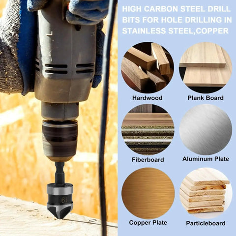 Countersink Drill Bit Set For Wood And Metal, Three Piece Quick Change Hex Shank Quarter Inch Bits in use on wood surface.