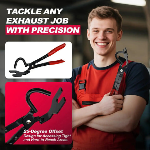 Exhaust Hanger Removal Tool Non Slip Grip Heavy Duty 25 Degree Offset Jaw in use by technician in workshop.