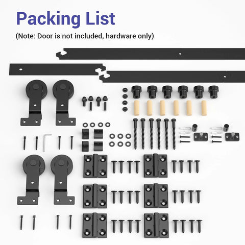Bi Folding Sliding Barn Door Hardware Kit For Four Doors With Top Mount Track in black, showing components layout.