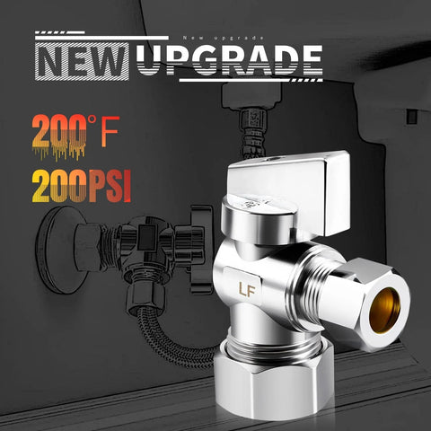 Two Pack Premium Brass Quarter Turn Water Angle Stop Valves With Half Inch Nominal Inlet And Five Eighths Inch OD To Three Eighths Inch OD Compression Outlets Chrome Plated Finish 150 PSI Rating Durable Shut Off For Faucets And Toilets shown in close-up with chrome finish.