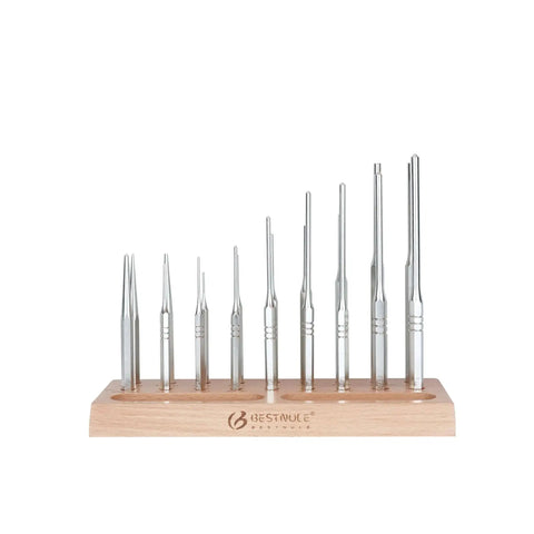 Roll Pin Punch Set With Steel Center Punch And Nail Punch In Beech Block Case, Handy Vanadium Steel Punch Tools on display in beech case.