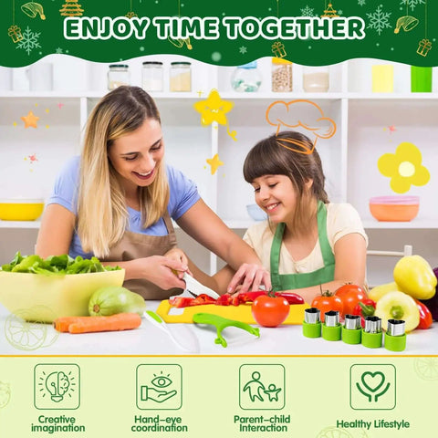 Mother and daughter using Toddler Knife Set For Kids Real Cooking Safe Kitchen Tools With Cutting Board And Crinkle Cutters.