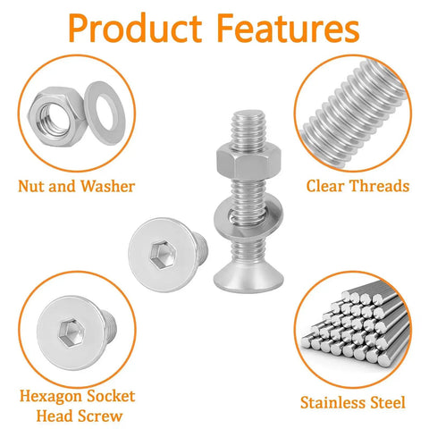 1270 Piece Stainless Steel Screw Kit M2 To M5 For 3D Printing Includes Allen Head And Flat Head Countersunk Bolts Metric Bolts Nuts Washers And Wrenches In Silver with product features labeled, showing included nut, washer, socket screws, and clear threads.