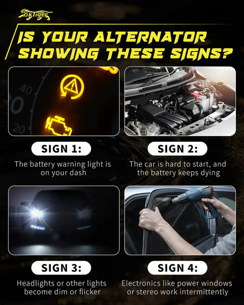 Signs of alternator issues: dashboard warning light, engine hard to start, dim lights, intermittent electronics in car.
