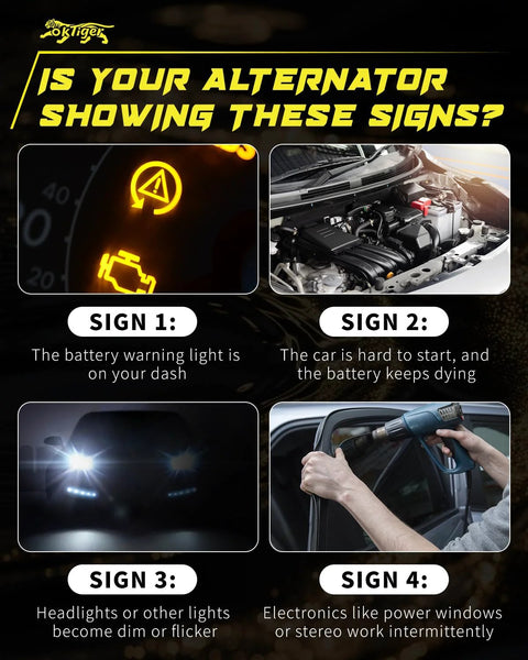 Image showing signs of alternator issues: battery warning light, hard starting, dim headlights, and malfunctioning electronics.