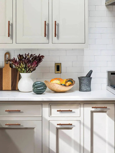 Kitchen featuring Brown Leather Drawer Pulls 5 Pack, 3.78 Inch Hole Center, Handmade Leather Dresser Knobs with Brass Base on cabinets