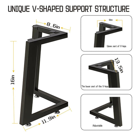 Heavy Duty 16 Inch Black Metal Coffee Table Legs Double V Shaped Design 2 Piece Set for DIY Furniture with Adjustable Levelers