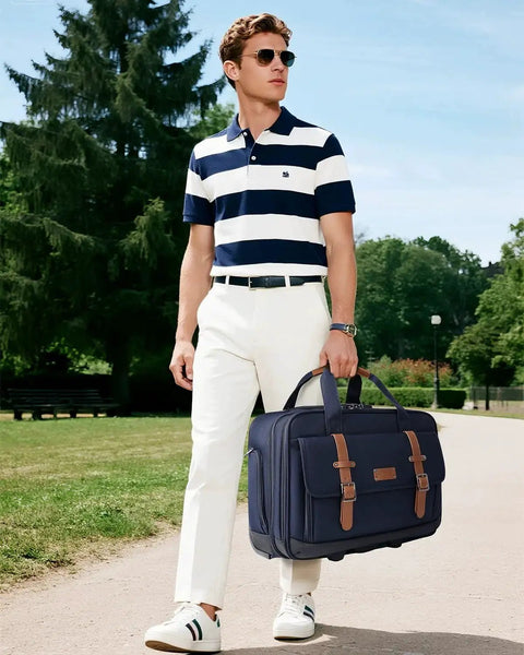 Man carrying Rolling Laptop Bag For Men And Women 16 Inch Waterproof Wheeled Briefcase With Locking Main And Computer Compartments