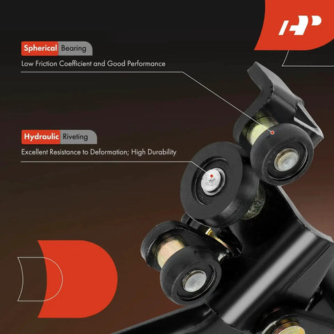 Right Passenger Center Sliding Door Roller Bracket Compatible With Chevrolet Express 1500 2500 3500 4500 G30 And GMC Savana 1500 2500 3500 4500 G3500 Designed For Smooth Operation Durable Steel Construction Corrosion Resistant Precise Fit Easy Install close-up view showing rollers and hydraulic riveting.