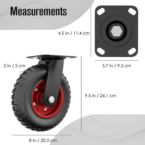 8 Inch Heavy Duty Swivel Caster Wheels With Polyurethane Flat Free Tire For All Terrain Outdoor Use, front view with measurements