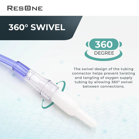 ResOne 5-pack oxygen tubing swivel connectors; purple inline fitting on clear tubing, 360-degree rotation