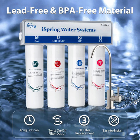 Front view of iSpring CU-A4 four-stage under-sink water filtration system with white filter housings and brushed-nickel faucet.