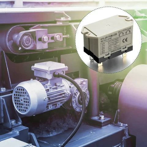 Industrial motor setup with inset of G7L-2A-TUB-J-CB-AC24 DPST Normally Open General Purpose Relay with Test Button, 24 VAC Coil, 71 mA Load.