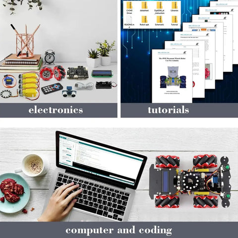 4WD Smart Car Robot Kit With Mecanum Wheels For Arduino STEM Education Project Car Programmable DIY Starter Kit displayed with electronics and coding tutorials