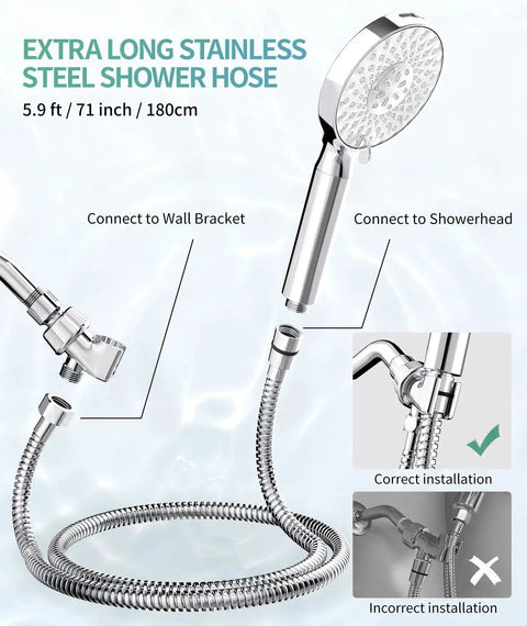 Filtered Shower Head With Handheld High Pressure 9 Spray Modes Softener Beads with long stainless steel hose and connectors.