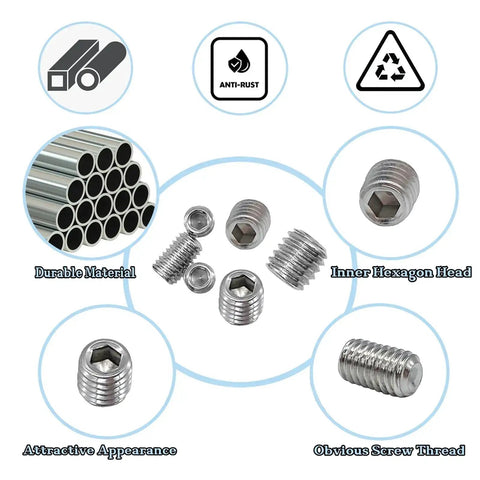 60 Piece Set Of Allen Head Grub Screws M3 To M8 In Stainless Steel Pro Grade For Home Repair Door Lock Install Furniture Fix Electronics DIY Projects And More 12 Sizes, screws shown with material and design features
