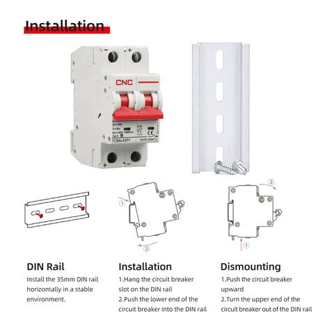 Installation guide for Beefy DC Miniature Circuit Breaker, 2 Pole 63A 1000V Isolator for Solar PV System with DIN rail and screws
