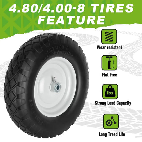 4.80 4.00 8 Flat Free Wheel And Tire for wheelbarrows, shown in front view with text on wear resistance and load capacity.