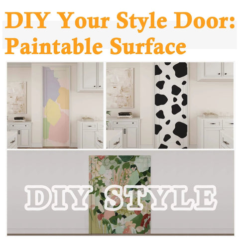 DIY-style slab door with paintable surface shown in pastel, cow print, and floral designs, enhancing pantry, bedroom, or closet decor.
