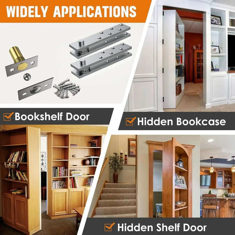 Covert Hidden Door Hinge Heavy Duty Pivot For Wood Cabinets And Bookcases 360 Degree Secret Door Hardware installed examples