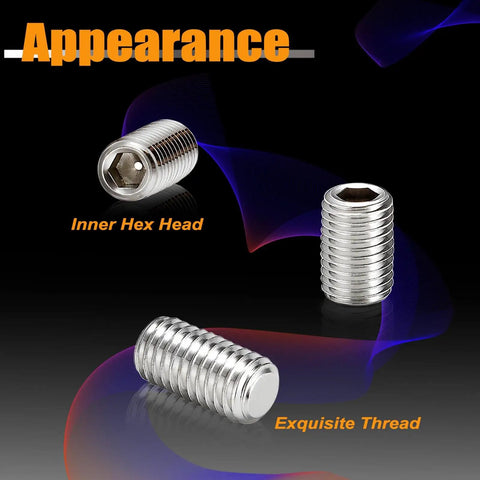 304 Stainless Steel Set Screws Kit With 275 Pcs, Metric M3 To M8, 3mm To 16mm Lengths, showing inner hex head and thread details