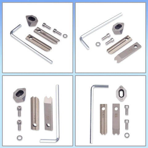 R3 And R5 Corner Rounder Blade Set for Manual Cutter Machine with upper and bottom blades, shown with accessory parts on blue background.