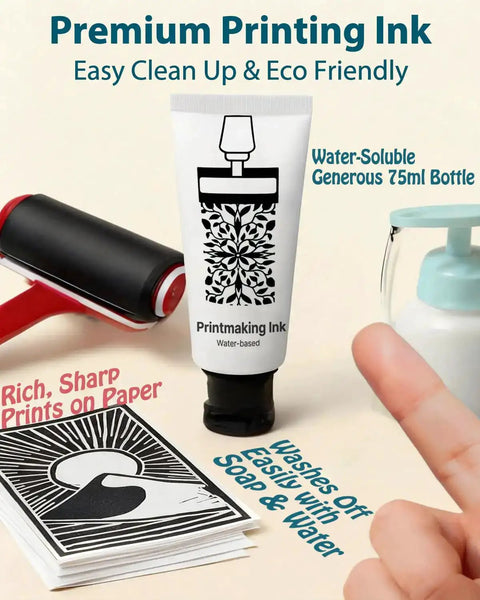 Premium printmaking ink, brayer, print papers, and soap pump from All In One Printmaking And Stamp Making Kit For Beginners.