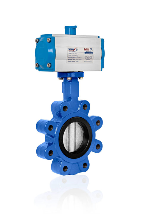UNOX pneumatic actuated butterfly valve, 8 in lug type, blue body with stainless steel disc