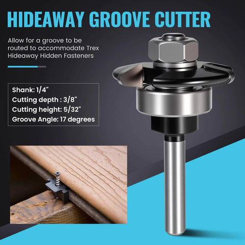Pro Grade Carbide Tipped Router Bit Groove Cutter For Trex Decking That Works With Trex Hideaway Hidden Fasteners, showing 1/4-inch shank and groove cut on decking.