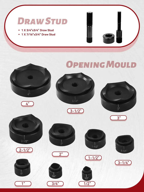 Beefy Hydraulic Knockout Punch Set 1/2 to 4 Inch Conduit Hole Cutter Kit with multiple die sizes and draw stud components