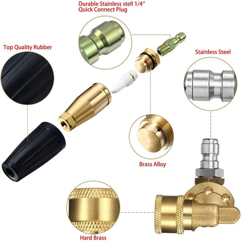 Turbo Nozzle Pressure Washer Kit With 7 Spray Tips 1 Quarter Inch Quick Connector Up To 4000 PSI Pivoting Coupler For 180 Degree Rotation And Rotating Nozzle Tip Set Mudder showcasing components like stainless steel and brass elements.