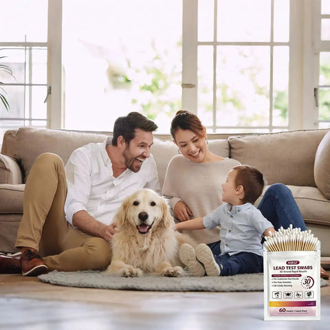 Family with dog in living room next to 120 Swabs Lead Test Kit For Home Use With Quick 30 Second Results Detects Lead In Paint Ceramics Toys Jewelry Metals Crockery Woodwork And More Value Pack.