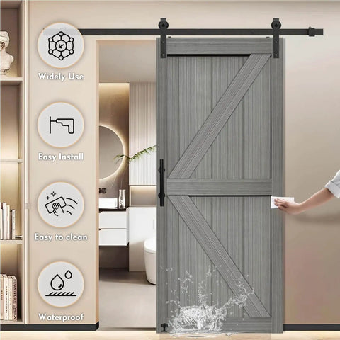 Elephant Gray Barn Door 36 Inch By 84 Inch MDF Solid Slab With Waterproof PVC Surface Includes 6.6 Foot Sliding Hardware Kit installed