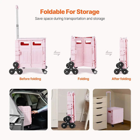 Foldable Utility Cart 65L Portable Crate Rolling Cart With Stair Climbing Wheels, shown folded and unfolded for compact storage.