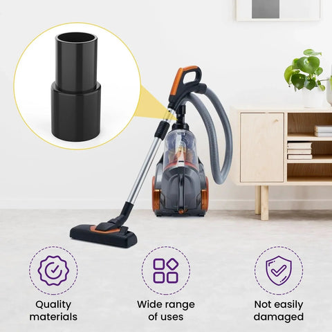 Two Pack Vacuum Hose Adapter For Connecting One And Three Eighths Inch Outer Diameter To One And Quarter Inch Inner Diameter, Plastic Cleaner Hose Connector Reducer, Dust Collection Accessory, Fits Most Vacuums, Durable Black shown next to vacuum cleaner.