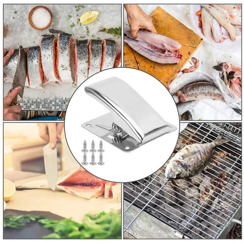 Six Piece Fish Fillet Clamps Set In Stainless Steel With Built In Spring Deep Claw Tail Grips shown in kitchen and outdoor use