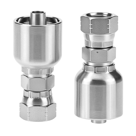 Two chrome-plated steel hydraulic hose fittings, 3/8 in JIC 37° female swivel crimp fittings for hydraulic repair