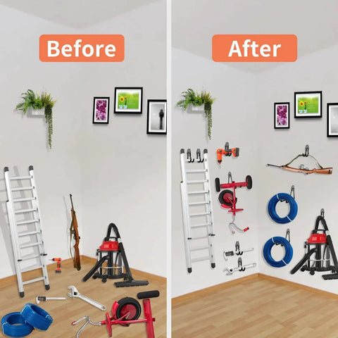 12 Pack Heavy Duty Steel Garage Hooks With Anti Slip Coating Wall Mount Organizer Before and After Tool Storage