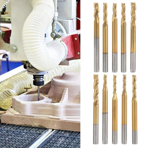 10 Piece 3 Flute Ti Plated End Mills Set for CNC Machining, Tungsten Steel Round Shank Milling Cutters for Hardwood, Plywood and Acrylic Cutting, Pro Grade Durability and Wear Resistant Tools next to CNC machine in action.
