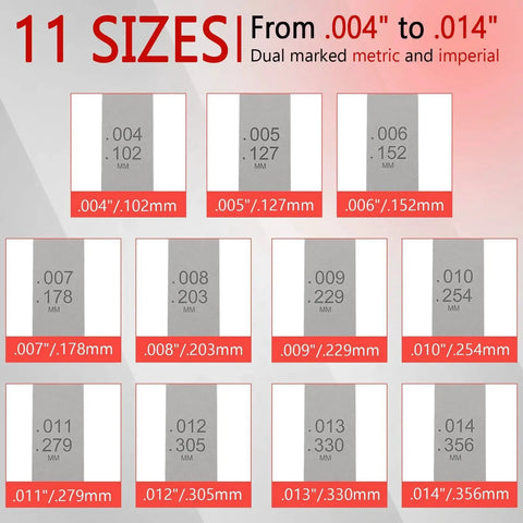 Offset Valve Tappet Gauge Set With Premium 11 Blade Feeler Gauge Kit for precise engine tuning, showing 11 dual-marked blade sizes.