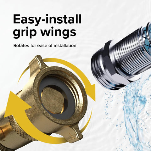 Brass RV water pressure regulator with grip wings and hose fittings, reduces pressure to 40–50 PSI