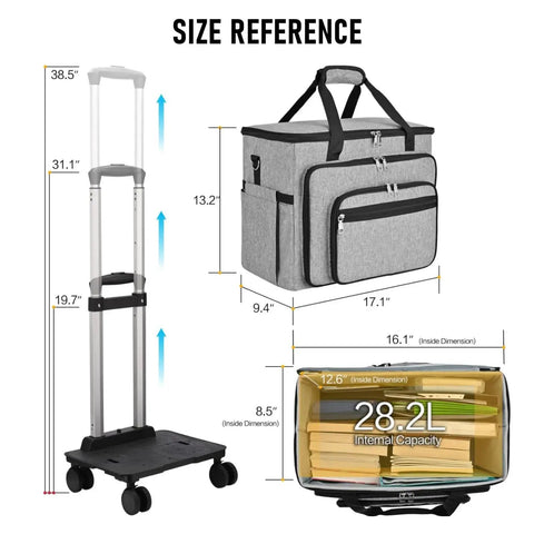 Rolling Bag With Detachable Dolly For Work Office Teaching And Craft, size reference showing dimensions and compartments, grey