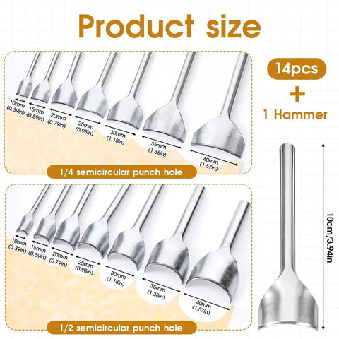 15 Piece Leather Corner Punch Set With Double Sided Rubber Hammer Half Round And Quarter Round Punches shown with size details