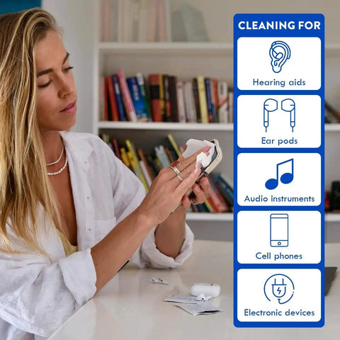 Woman cleaning ear pods with Alcohol Free Hearing Aid Cleaning Wipes 100 Pcs Individually Packaged, infographic of cleaning uses