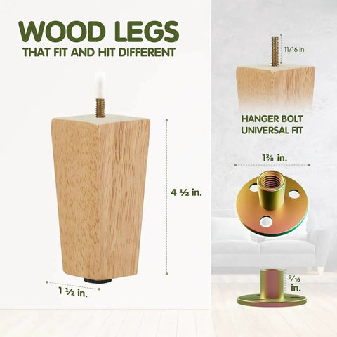 Four Point Five Inch Square Wood Furniture Legs Set Of Four With Adjustable Levelers Tapered Rubber Wood for Couch Bench