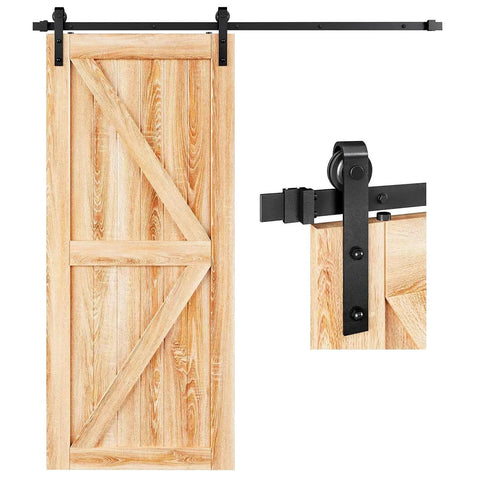 EaseLife 6.6 Ft Sliding Barn Door Hardware Track Kit With Basic J Pulley For 36 To 40 Inch Wide Single Door Aluminum Black Powder Coated Anti Corrosion Ball Bearing Rollers Smooth Quiet Glide And Easy Install shown installed on a wooden door.