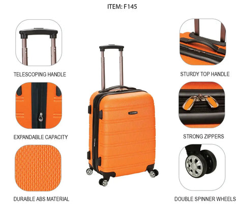 Orange luggage with double spinner wheels, telescoping handle, expandable capacity, strong zippers, and durable ABS material by Rockland.