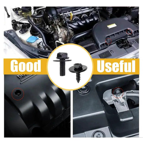Complete Car Body Fasteners Kit With Screws Bolts Push Rivets And Clips For Under Cover Splash Shield Replacement shown with engine