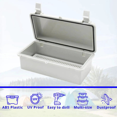 Small Electrical Junction Box With Cover Waterproof Outdoor Hinged Plastic Clip open view, showing interior and ABS material.